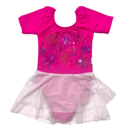 Pink leotard with white mesh skirt and sparkling print