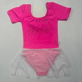 Pink leotard with white mesh skirt and sparkling print