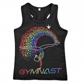 Black lycra top with gymnast in rainbow print