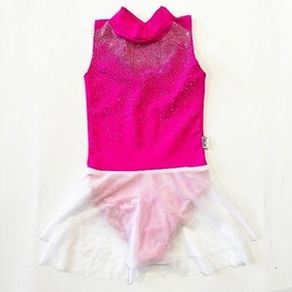 Fluorescent pink leotard without sleeves, crystals and skirt Сomet's trail